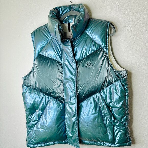 Moncler Blue Down Faucille Gilet Vest High Neck Zip Front Moncler Logo 4 / XL - Picture 1 of 16